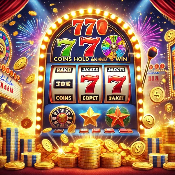 777 Coins Hold and Win slot oyunu için renkli ve dinamik bir casino sahnesi.
