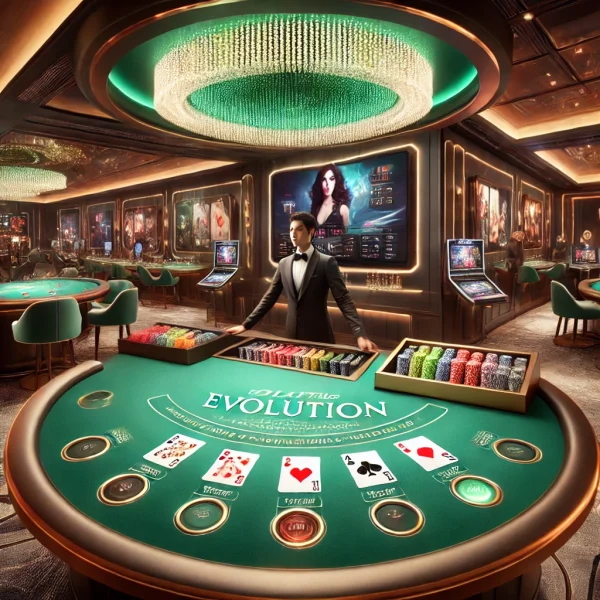 Evolution Blackjack masası, kartlar ve fişler ile profesyonel casino ortamı.