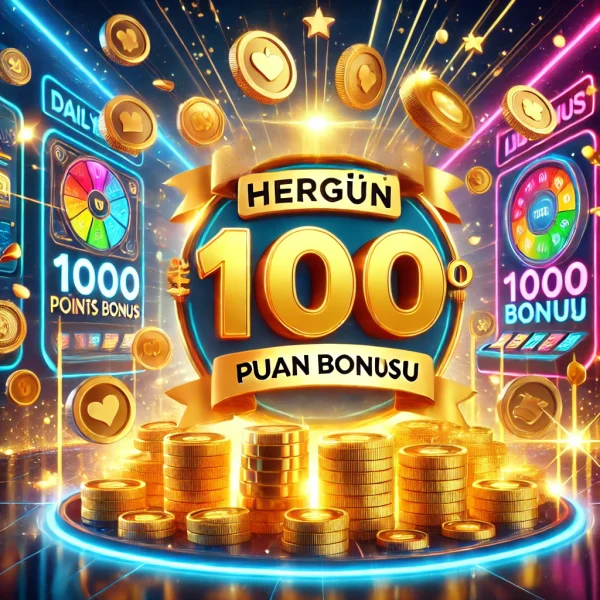 Hergün 1000 Puan Bonusu ile günlük ödülleri vurgulayan renkli ve enerjik bir tasarım.