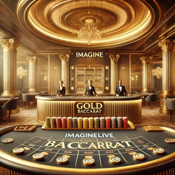 Altın temalı ImagineLive Gold Baccarat oyunu ve sofistike bir casino sahnesi.