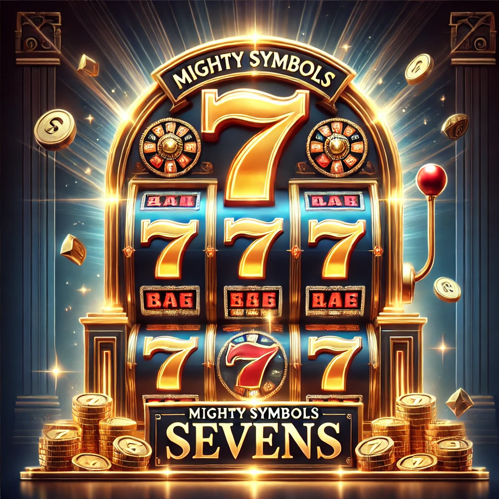 Altın ve mavi tonlarla lüks bir slot oyunu tasarımı: Mighty Symbols Sevens.
