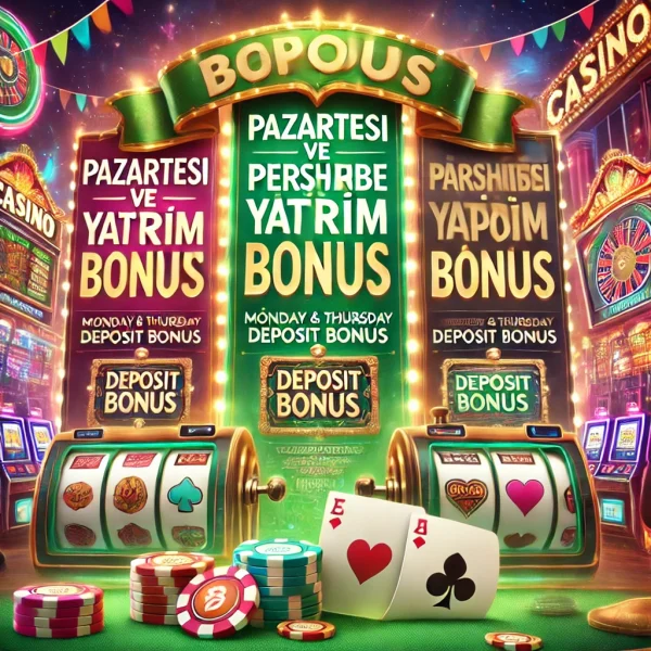 Pazartesi ve Perşembe yatırım bonusu için casino kartları, fişler ve bonus afişleriyle tasarlanmış görsel.