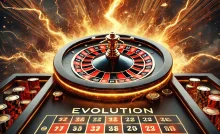 Yıldırım efektleriyle süslenmiş ve Evolution markasıyla öne çıkan şık bir rulet tasarımı.